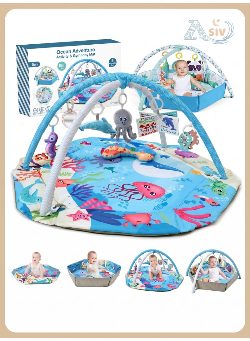 ASIV 4-in-1 Baby Play Mat, Baby Activity Gym Mat, Newborn Floor Play Mat, with 6 Baby Learning Sensory Toys to Promote Toddler Motor Skills Development, Baby Ball Pit with 18 Ocean Balls - Image 1