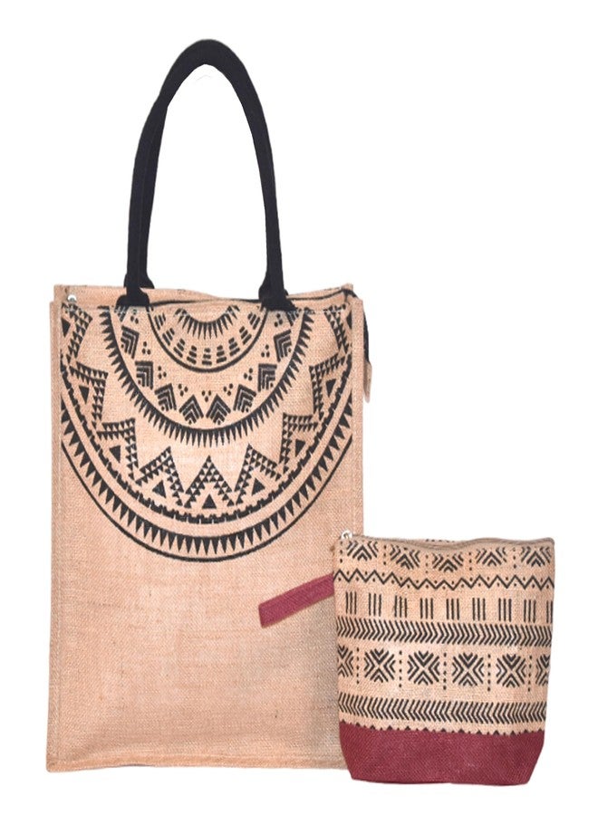 Daffodil Jute Bags Handcrafted Mandala Print Bag with Utility Pouch Combo Jute Carry Bag for Men & Women Tiffin Bag, Shopping Bag with Cosmetic Pouch (Pack of 2) - Image 1