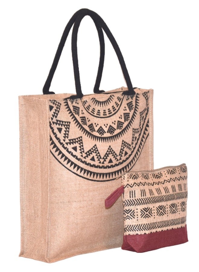 Daffodil Jute Bags Handcrafted Mandala Print Bag with Utility Pouch Combo Jute Carry Bag for Men & Women Tiffin Bag, Shopping Bag with Cosmetic Pouch (Pack of 2) - Image 2