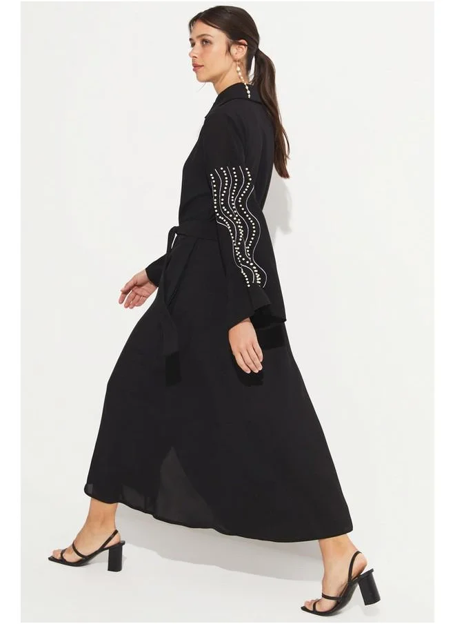 جون June Embroidered Detailed Shirt Neck Dress Black