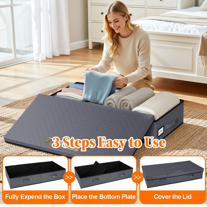 StoreHappily Under Bed Storage Containers with Lids - 2 Pack, Foldable and Stackable Clothes Storage Bags with Clear Window, 3-Sided Handles and Label Slot for Clothing, Blankets, Pillows (Grey) - Image 5