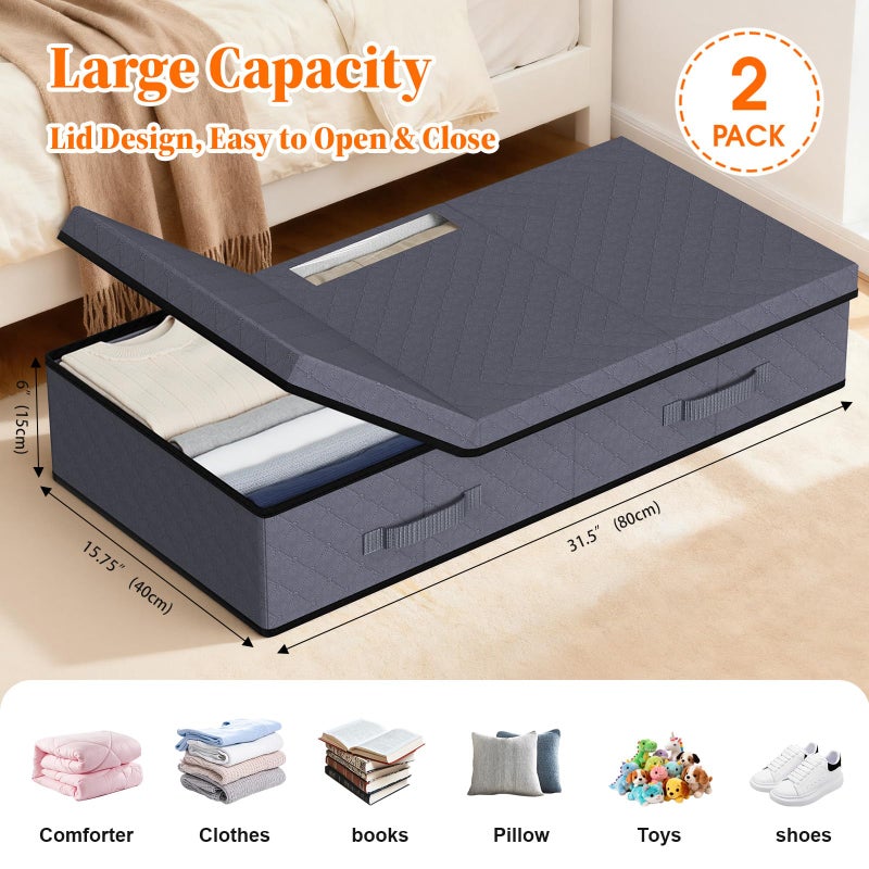 StoreHappily Under Bed Storage Containers with Lids - 2 Pack, Foldable and Stackable Clothes Storage Bags with Clear Window, 3-Sided Handles and Label Slot for Clothing, Blankets, Pillows (Grey) - Image 2