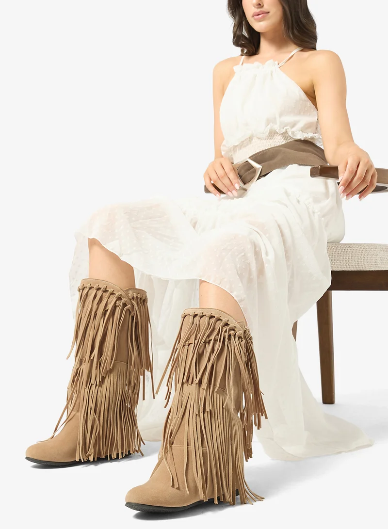 Ginger Block Heel Fringe Detail Boots