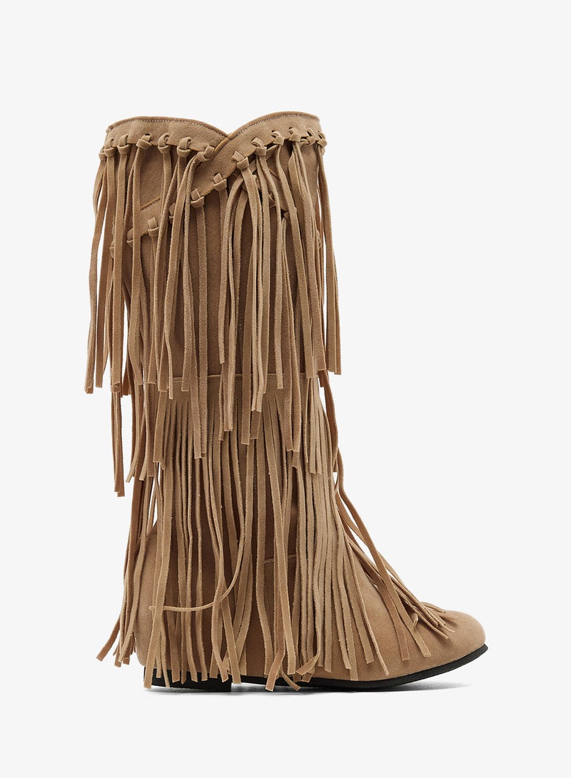 Ginger Block Heel Fringe Detail Boots - Image 1