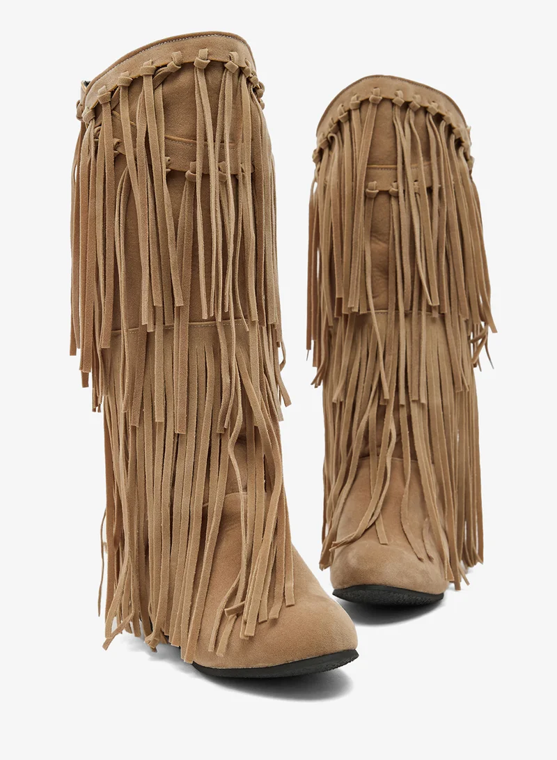 Ginger Block Heel Fringe Detail Boots