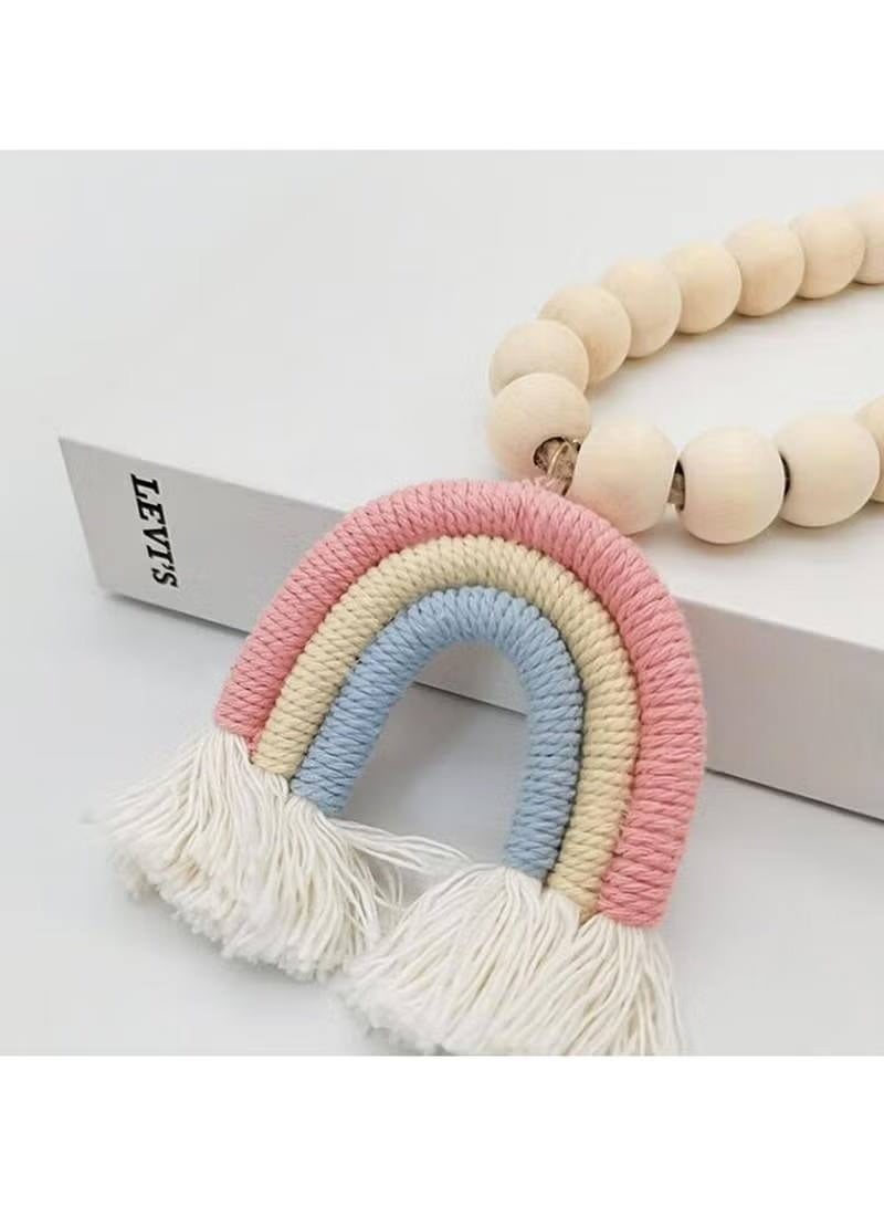 2 Pieces Wooden Beaded Curtain Tiebacks, Tassel Curtain Buckles Magnetic Curtain Buckles, Rainbow Tassel Curtain Tiebacks No Punch Decoration (Pink) - Image 3