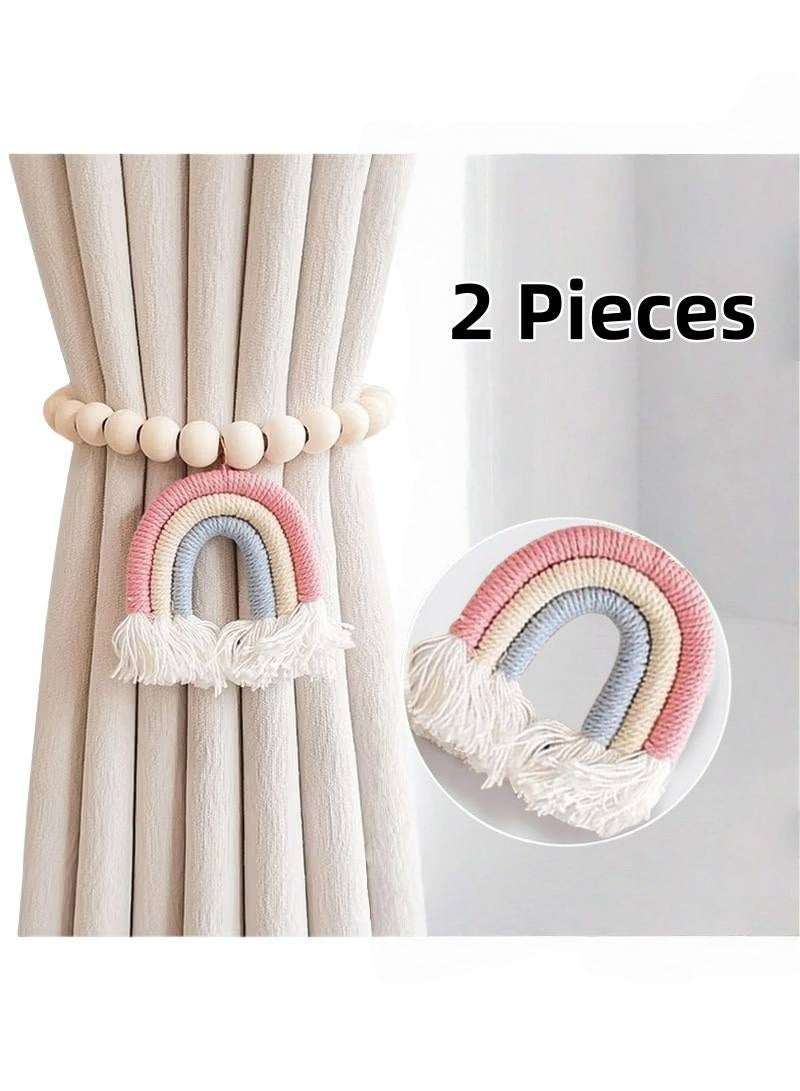 2 Pieces Wooden Beaded Curtain Tiebacks, Tassel Curtain Buckles Magnetic Curtain Buckles, Rainbow Tassel Curtain Tiebacks No Punch Decoration (Pink) - Image 1
