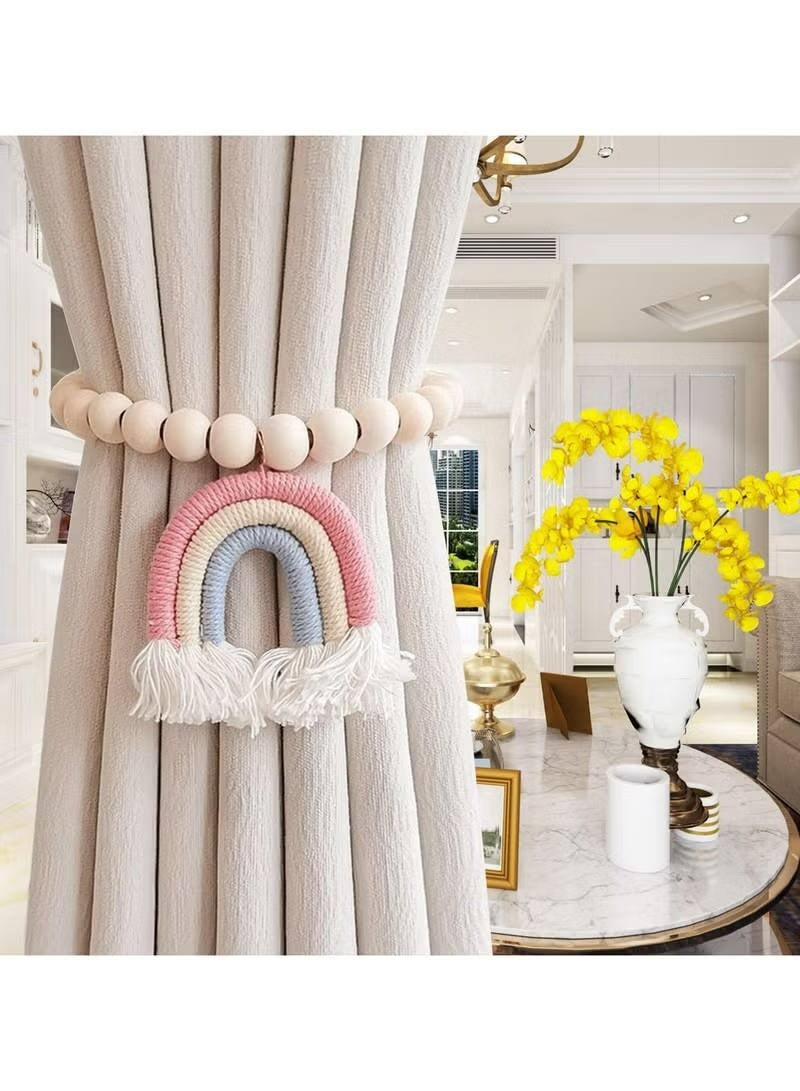 2 Pieces Wooden Beaded Curtain Tiebacks, Tassel Curtain Buckles Magnetic Curtain Buckles, Rainbow Tassel Curtain Tiebacks No Punch Decoration (Pink) - Image 2