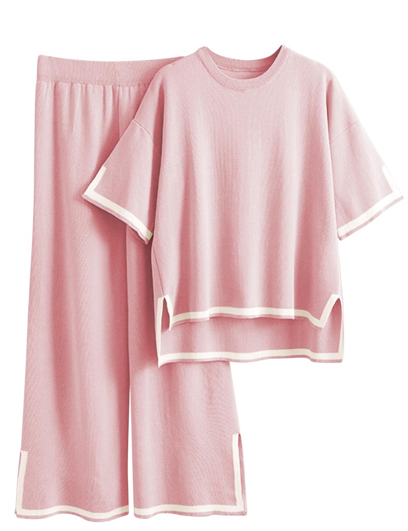 Tanming Sweater Sets Women 2 Piece Lounge Sets Short Sleeve Knit Pullover Tops Wide Leg Pants (Pink-S) - Image 1
