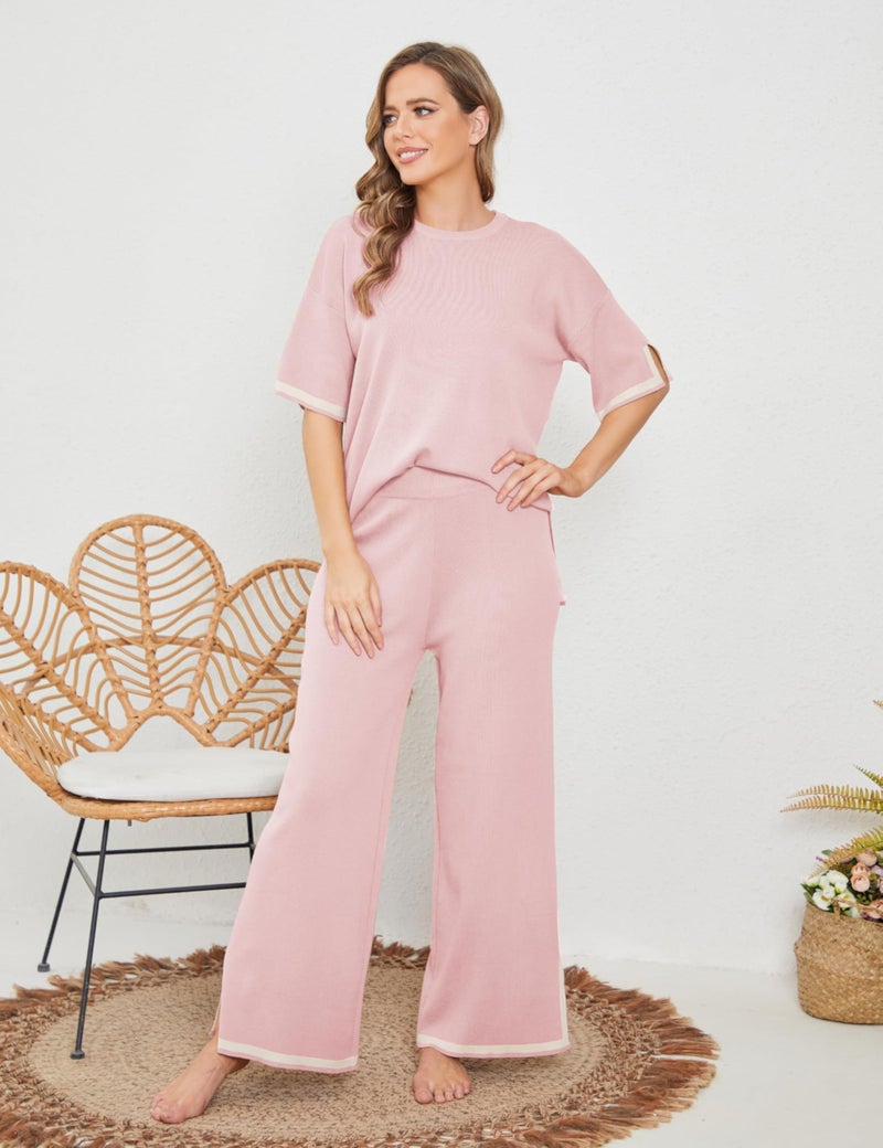 Tanming Sweater Sets Women 2 Piece Lounge Sets Short Sleeve Knit Pullover Tops Wide Leg Pants (Pink-S) - Image 3