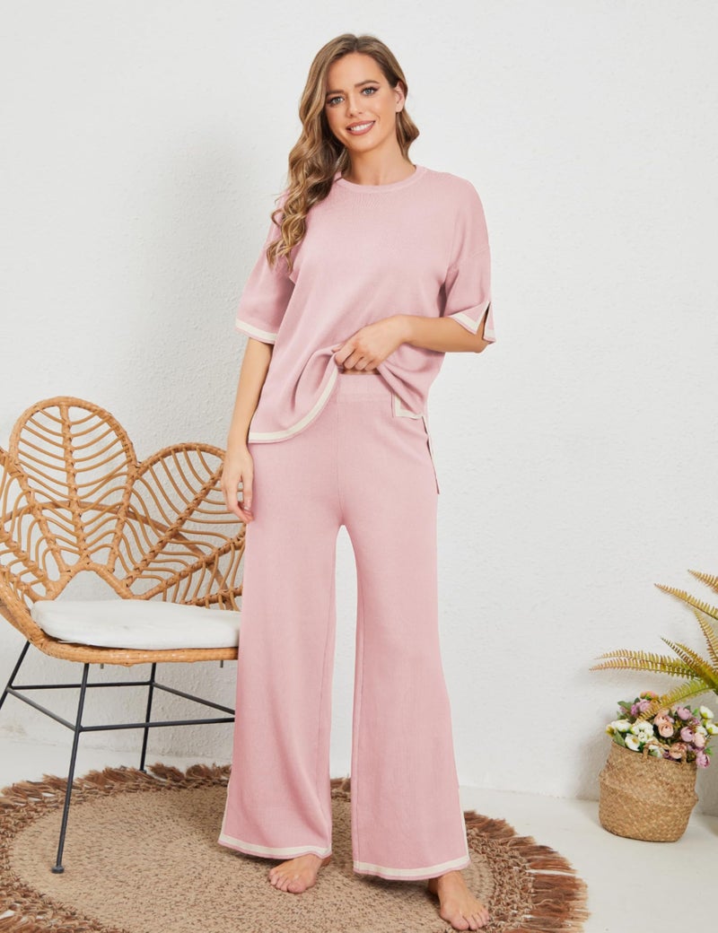 Tanming Sweater Sets Women 2 Piece Lounge Sets Short Sleeve Knit Pullover Tops Wide Leg Pants (Pink-S) - Image 2