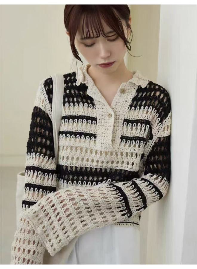 Apricot Women's Autumn Retro Contrast Striped Cut Out Crochet Knit Top, Loose Lazy Style