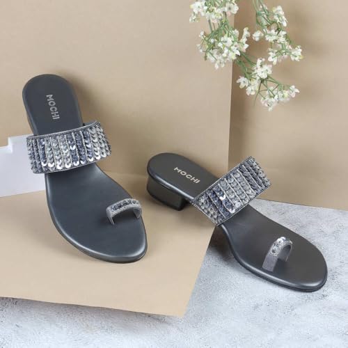 Mochi Women Gun Metal Block Heel Fashion/Ethnic Slip-on Sandal UK/5 EU/38 (35-1635) - Image 2