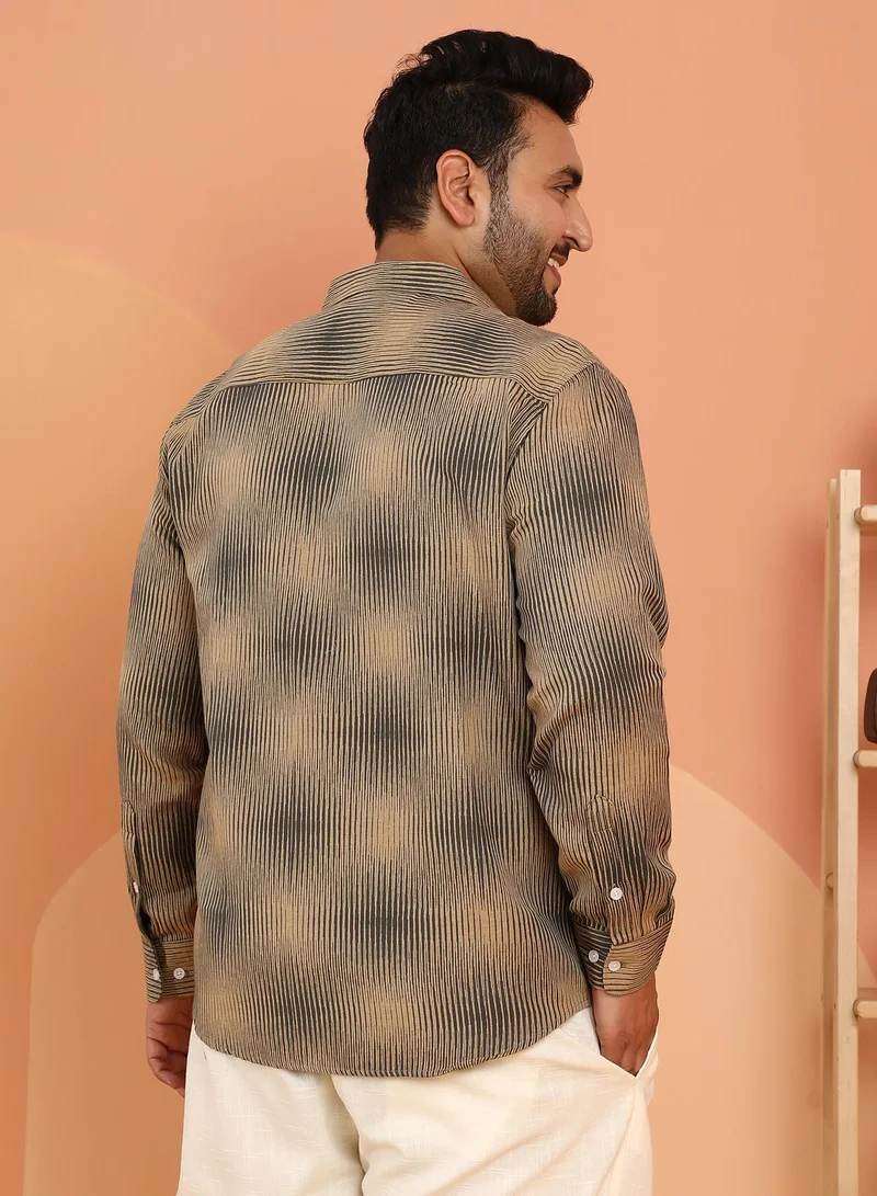 Instafab Plus Instafab Plus Men's Beige & Green Gradient-Rhombus Shirt For Casual Wear | Spread Collar | Long Cuffed Sleeves | Button Closure | Plus Size Shirt Crafted With Comfort Fit For Everyday Wear