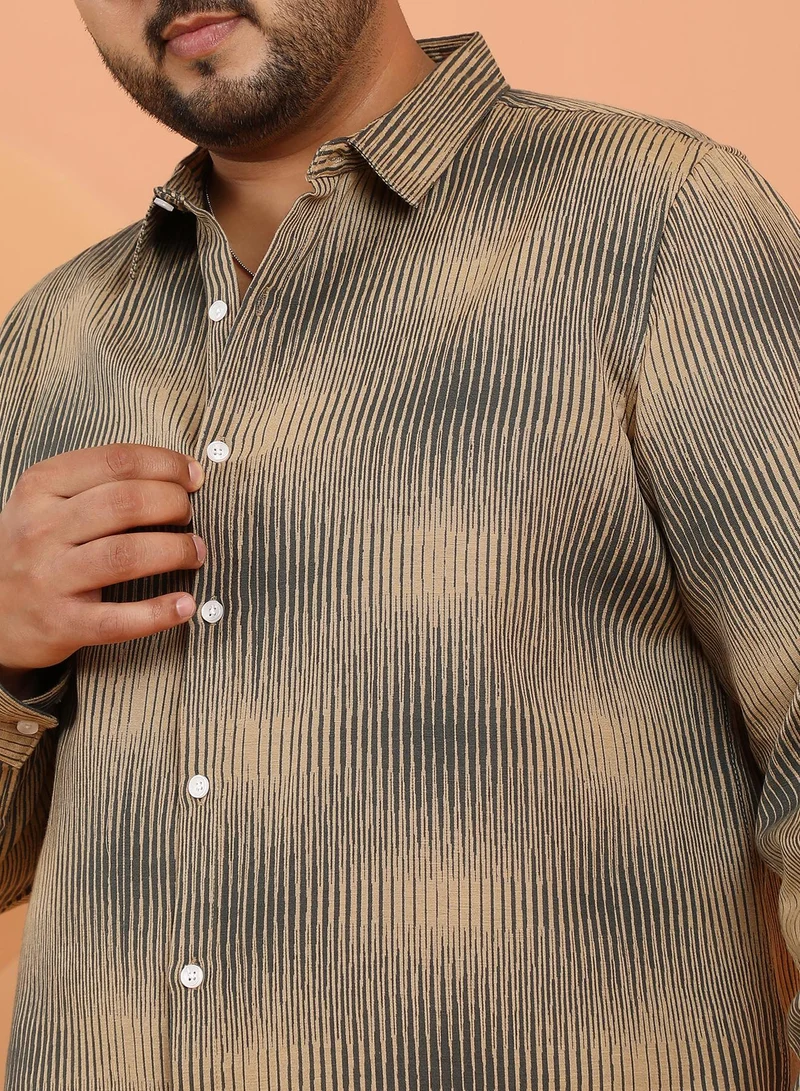 Instafab Plus Instafab Plus Men's Beige & Green Gradient-Rhombus Shirt For Casual Wear | Spread Collar | Long Cuffed Sleeves | Button Closure | Plus Size Shirt Crafted With Comfort Fit For Everyday Wear