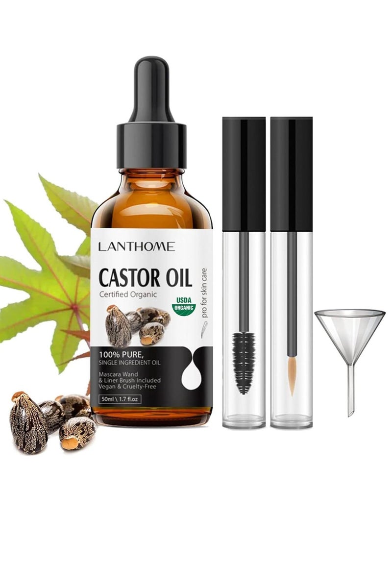 لانثوم زيت خروع عضوي بعبوة سعة 50 مل، زيت خروع طبيعي نقي لتحفيز نمو الشعر، متوافق مع مقاييس وزارة الزراعة الأمريكية، معصور على البارد وغير مكرر، سيروم لتحفيز نمو الرموش والحواجب ومعالجتها - Image 1