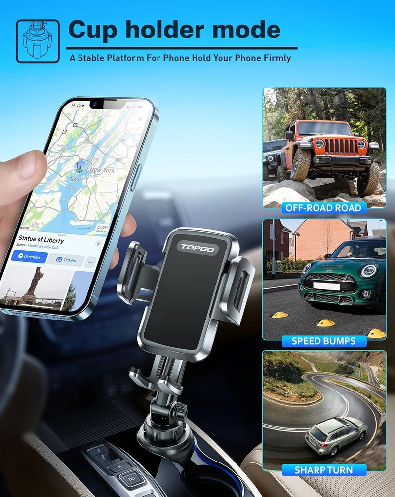 TOPGO TP-TD-03 Cup Holder Phone Holder, [No Shaking & Stable & Adjustable Pole] Car Cup Holder Phone Mount, Cell Phone Cradle for iPhone 14, Samsung and More Smart Phone(Black),11 inch - Image 1