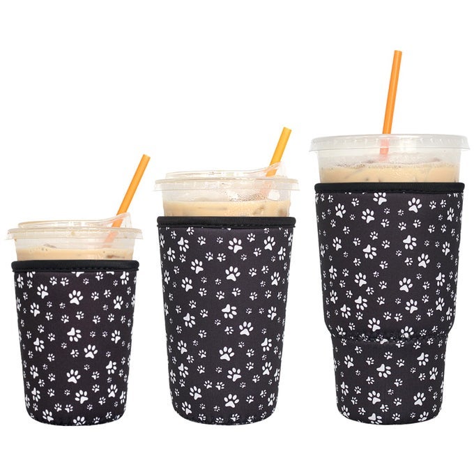3 PACK REUSABLE ICED COFFEE SLEEVES INSULATOR SLEEVE FOR COLD BEVERAGES NEOPRENE CUP HOLDER FOR STARBUCKS COFFEE DUNKIN COFFEE MORE BLACK PAW