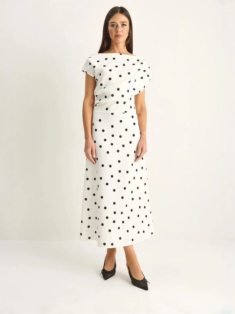 Bianco Lucci LUCCI Polka Dot Fitted Midi Dress