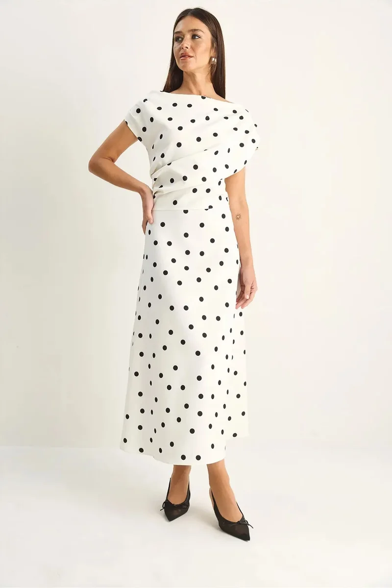 Bianco Lucci Dusty White LUCCI Polka Dot Fitted Midi Dress for Women | Best Price UAE