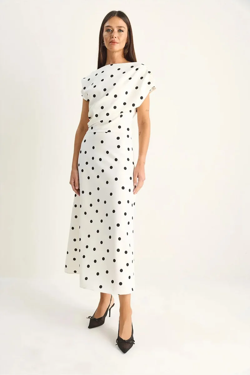 Bianco Lucci Dusty White LUCCI Polka Dot Fitted Midi Dress for Women | Best Price UAE