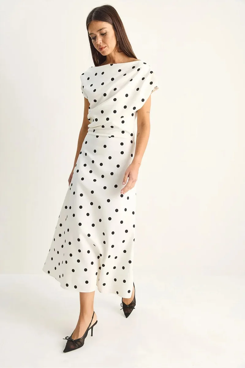 Bianco Lucci Dusty White LUCCI Polka Dot Fitted Midi Dress for Women | Best Price UAE