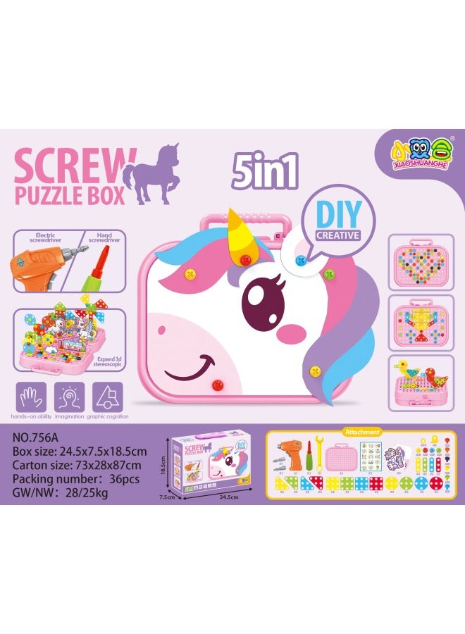 Simulation Repair Toolbox Assembly Disassembly Assembly Screw Screwdriver Electric Drill DIY Repair Screw Children's Toys-Colors:[cartoon Unicorn] Electric Drill Three-dimensional Puzzle (284CPS)  - Image 1