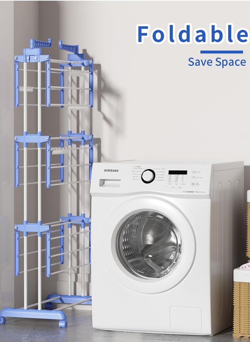 CityRiya-Long Clothes Drying Rack Folding Clothes Rack Space Saving 4 Tier Drying Rack Stainless Steel Laundry Garment Dryer Stand with Two Side Wings -Light Blue Clothing Rack - Image 4