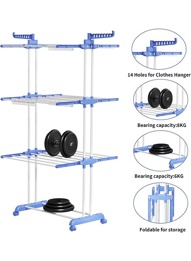 CityRiya-Long Clothes Drying Rack Folding Clothes Rack Space Saving 4 Tier Drying Rack Stainless Steel Laundry Garment Dryer Stand with Two Side Wings -Light Blue Clothing Rack - Image 5