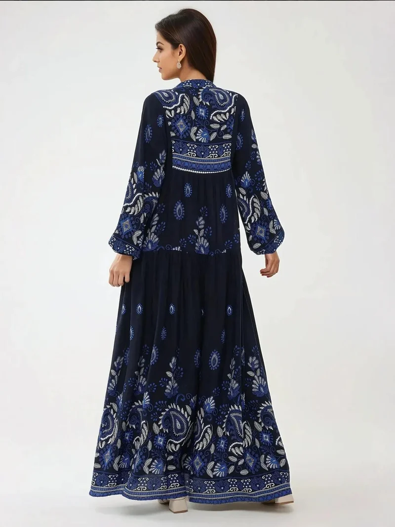 زوبعة فستان ماكسي طويل الأكمام من الفيسكوز مطبوع