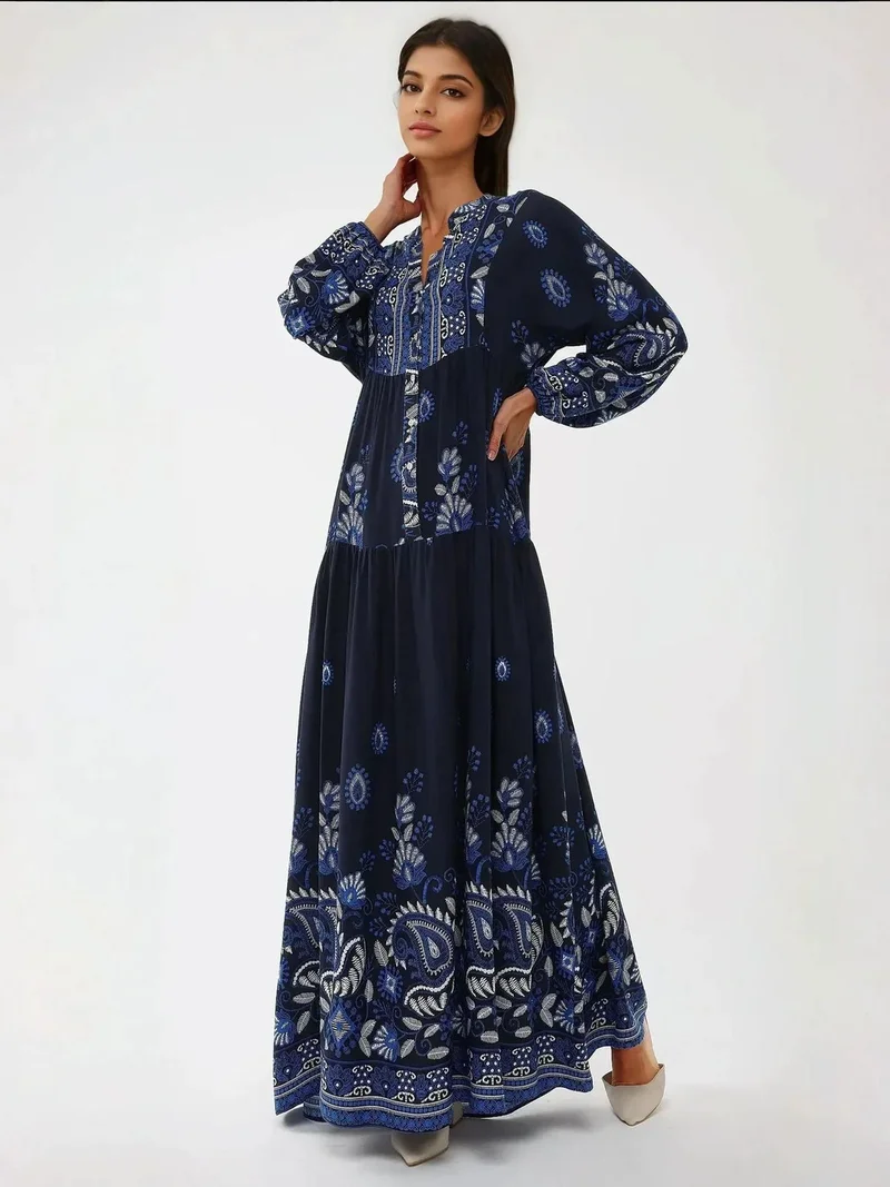 زوبعة فستان ماكسي طويل الأكمام من الفيسكوز مطبوع