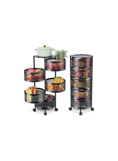 Multi-Layer Kitchen Storage Shelf Rotatable Steel Rack 4 Movable Wheels Fruit Vegetable Snack Organizer Stand Black 90cm