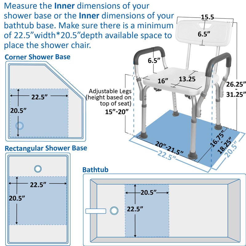 Vaunn Medical Deluxe Spa Shower Chair with Arms and Back, Bath Seat for Seniors, 350 lbs Max Weight, White With Light Gray Arms - Image 3