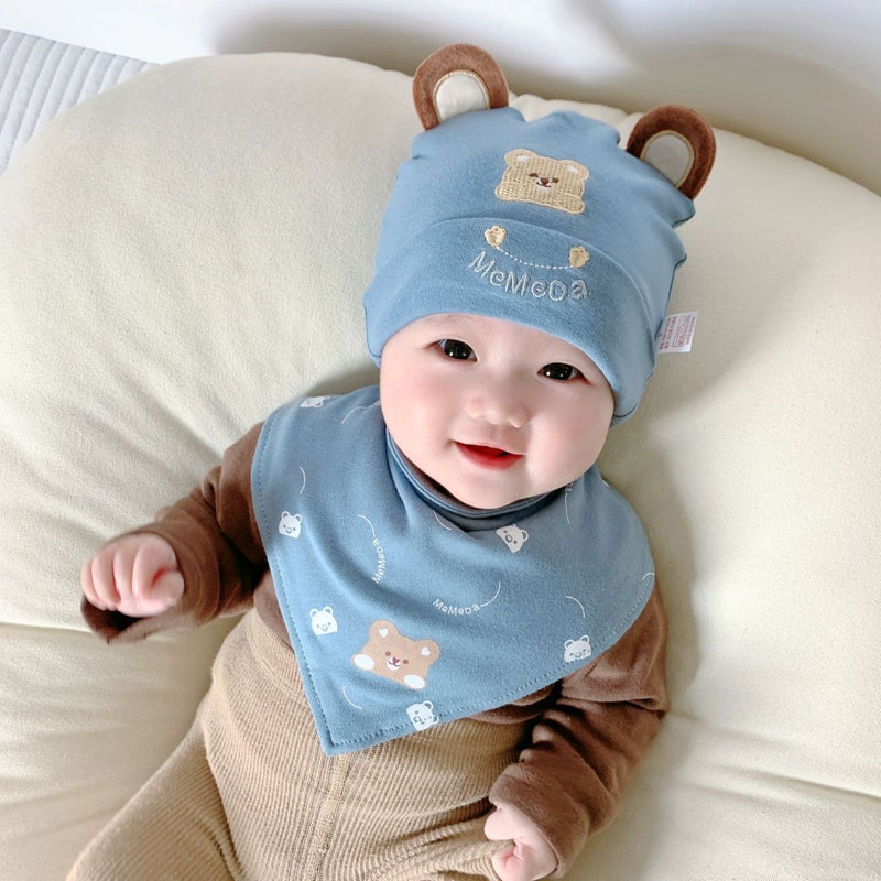 Cotton Cartoon Bear Baby Hat for Boys and Girls Round ear bear blue + triangle towel