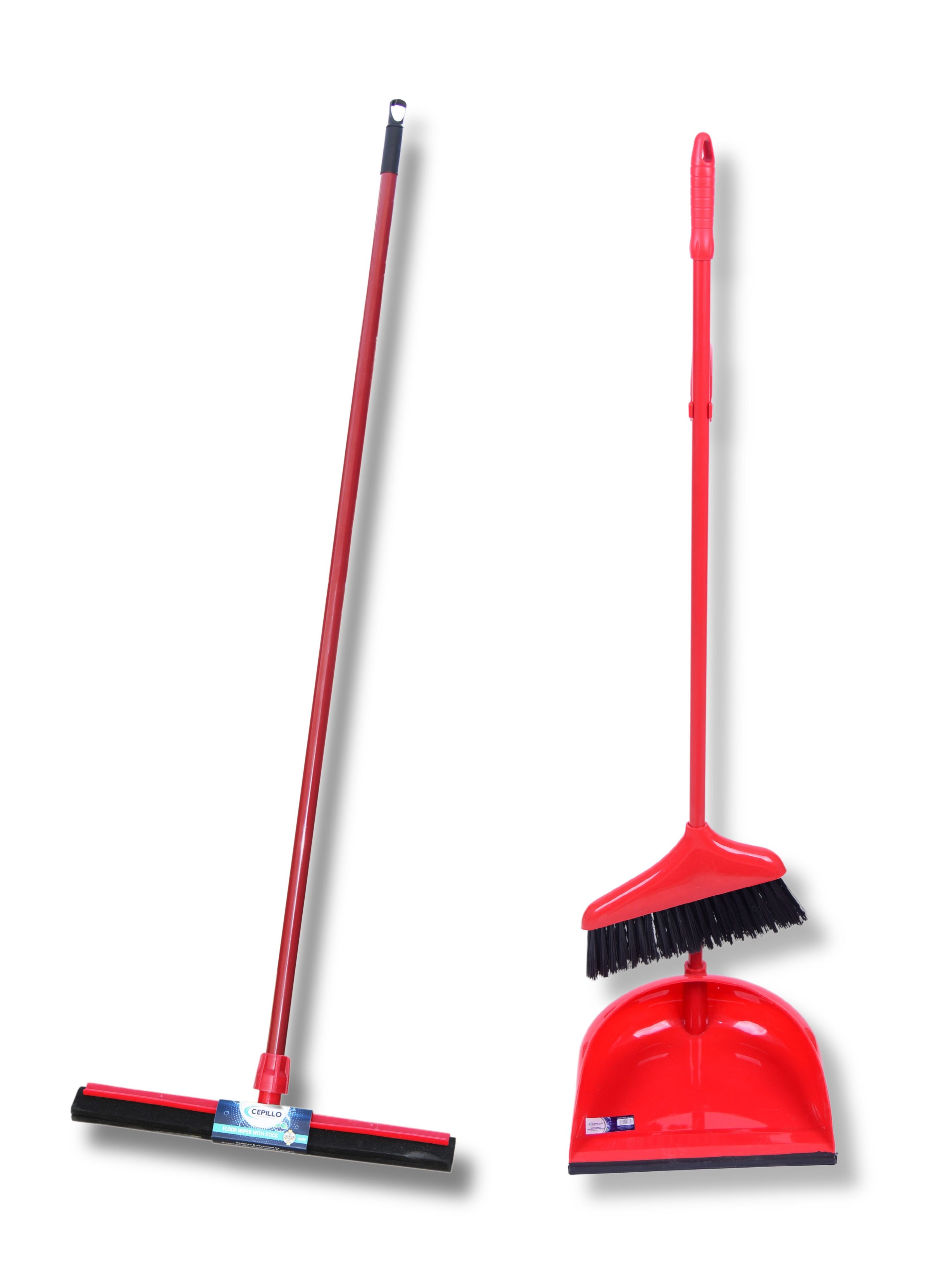 CEPILLO Complete Cleaning Set: Long Handle Dustpan, Broom Brush, and Floor Wiper 45cm - Multipurpose for Home, Kitchen, Bathroom, Office, Lobby - Red (Set of 2) - CP620+CP608 