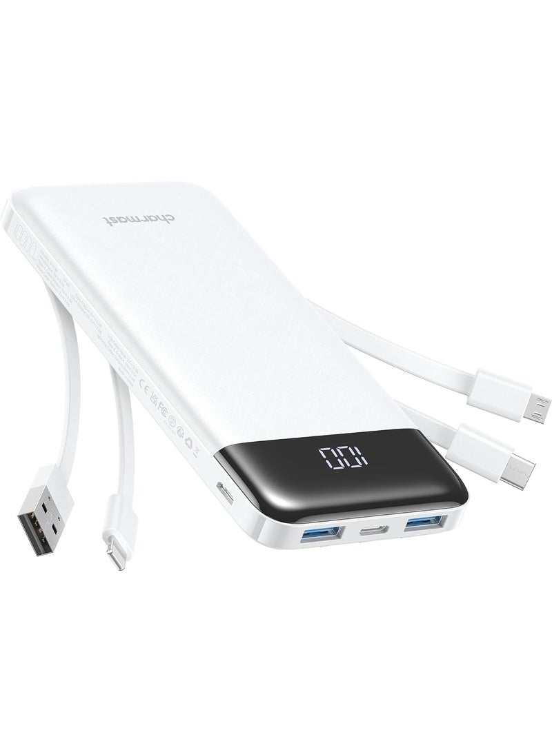 Charmast Power Bank with Built in Cable, 10000mAh USB C Battery Pack 6 Outputs 2 Inputs with LED Display Type C Powerbank Portable Charger Compatible with Smartphones Tablets and More-White - Image 1