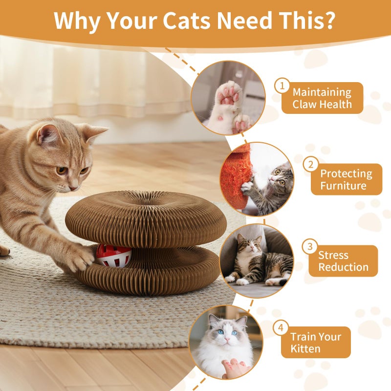 PETSWEET Magic Organ Cat Scratcher Cardboard, Interactive Scratch Cat Toy with Bell Ball, Foldable Scratching Board, Corrugated Cardboard Scratch Pad for Indoor Cats, Round(1PCS) - Image 3
