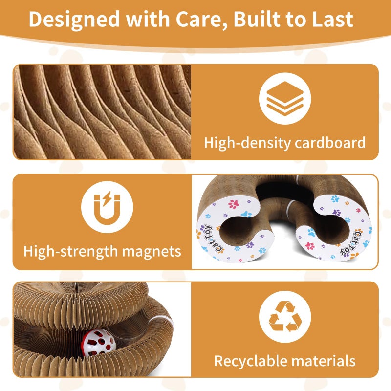 PETSWEET Magic Organ Cat Scratcher Cardboard, Interactive Scratch Cat Toy with Bell Ball, Foldable Scratching Board, Corrugated Cardboard Scratch Pad for Indoor Cats, Round(1PCS) - Image 2