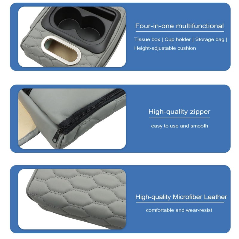 AOUTTUOA Gray Car Center Console Cover Universal Car Multifunctional Armrest Heightening Pad Microfiber Leather with Built-in Tissue Box & Cup Holder & Phone Storage Slot & Side Pockets - Image 2