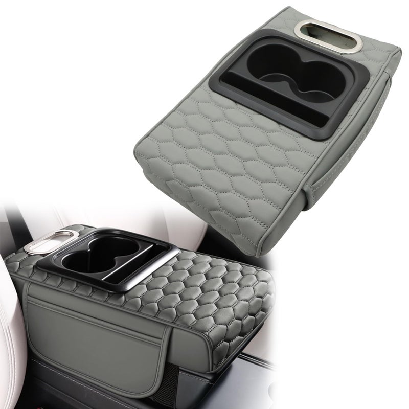 AOUTTUOA Gray Car Center Console Cover Universal Car Multifunctional Armrest Heightening Pad Microfiber Leather with Built-in Tissue Box & Cup Holder & Phone Storage Slot & Side Pockets - Image 1