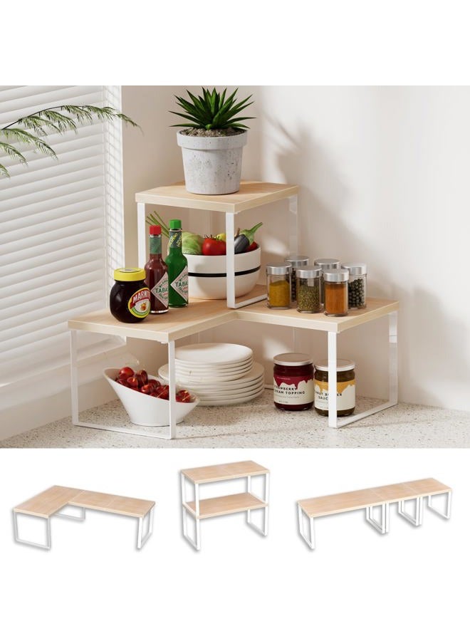 Golener Countertop Organizer Corner Shelf, 2 Tier Adjustable Stackable Corner Shelves for Kitchen, Bathroom, Spice Rack, Coffee Bar, Cabinet, Dresser Table, Corner Counter Shelf Stand, Natural Beige - Image 1