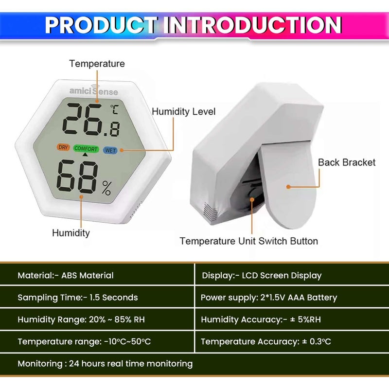 amiciSense Digital Hygrometer Thermometer, Temperature and Humidity Meter with 1.5 sec Fast Sampling and Large LCD Display - Image 3