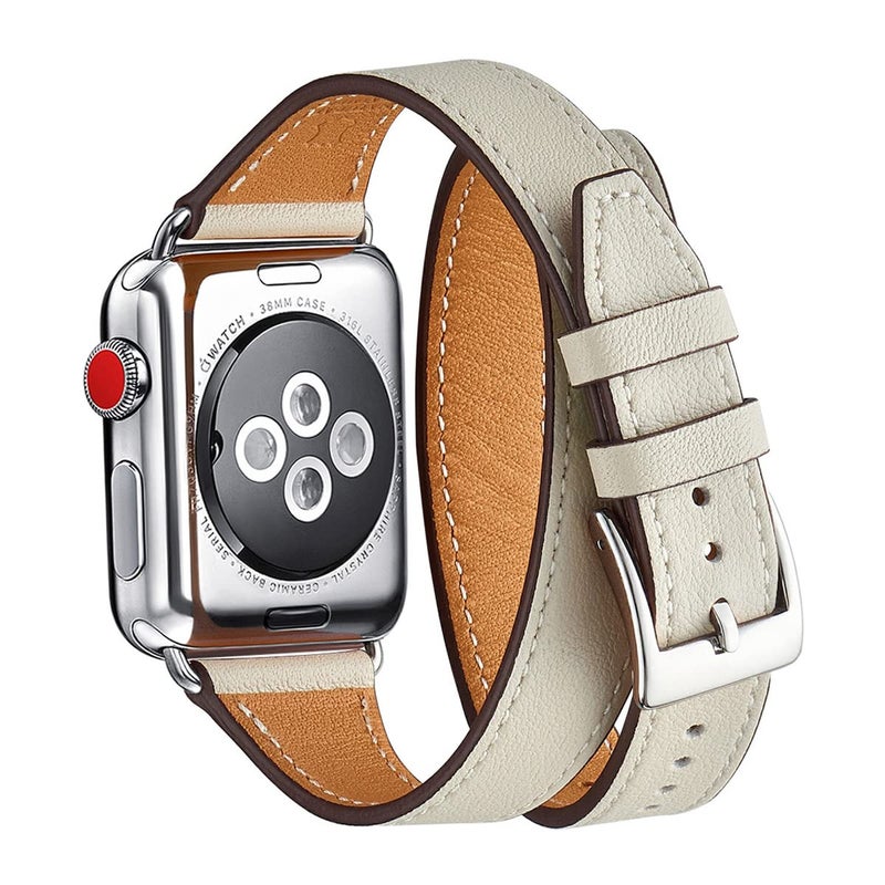 Bestig Compatible with Apple Watch Band 38mm 40mm 41mm 42mm(Series 10) for Women Men, Genuine Leather Double Tour Designed Slim Wrap Strap for iWatch SE Series 9 8 7 6 5 4 3 2 1 (Ivory White+Silver) - Image 1