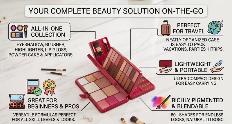 Shams All-in-One Complete Makeup Palette Kit, 80 Eyeshadows, 6 Lip Gloss, 5 Highlighters, 3 Blushers, with Brushes Travel-Friendly Beauty Kit, Purse-Size Cosmetic Organizer - Image 3