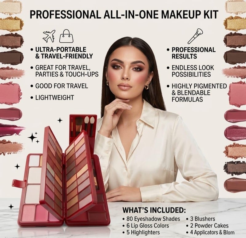 Shams All-in-One Complete Makeup Palette Kit, 80 Eyeshadows, 6 Lip Gloss, 5 Highlighters, 3 Blushers, with Brushes Travel-Friendly Beauty Kit, Purse-Size Cosmetic Organizer - Image 4