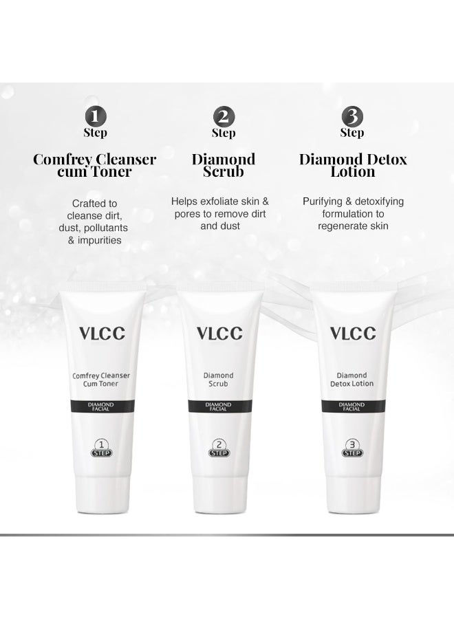 VLCC Diamond Facial Kit - 60g | Purifying with Parlour Glow | Improves Elasticity, Brightens and Helps Lighten Patchy, Damaged Skin | with Colloidal Diamond, Aloe Vera, Jojoba & Olive Oil - Image 4