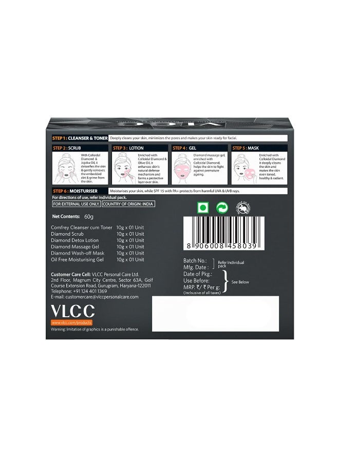 VLCC Diamond Facial Kit - 60g | Purifying with Parlour Glow | Improves Elasticity, Brightens and Helps Lighten Patchy, Damaged Skin | with Colloidal Diamond, Aloe Vera, Jojoba & Olive Oil - Image 2