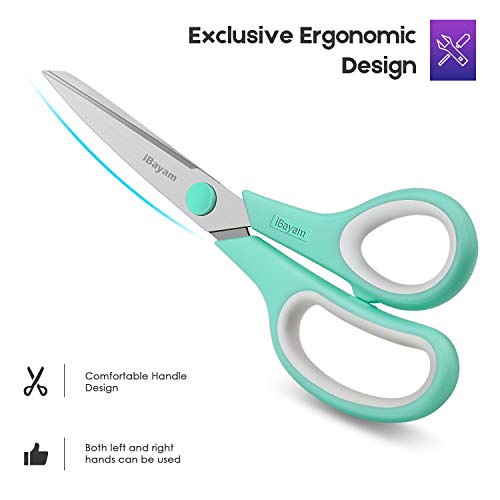 iBayam Scissors, iBayam 8" All Purpose Scissors Bulk 3-Pack, Ultra Sharp 2.5mm Thick Blade Shears Comfort-Grip for Office Desk Accessories Sewing Fabric Home Craft Teacher School Supplies, Right/Left Handed - Image 5