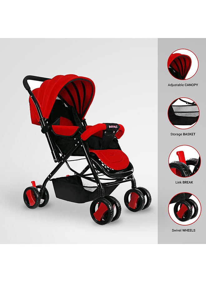 BABY PLUS - Multifunctional Pram Stroller With Built-In Canopy And Basket, 2-Point Simple Safe Belt, Newborn - Red - Image 1