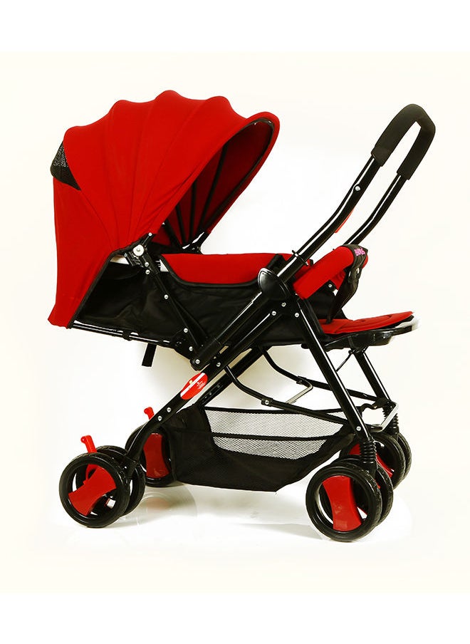 BABY PLUS - Multifunctional Pram Stroller With Built-In Canopy And Basket, 2-Point Simple Safe Belt, Newborn - Red - Image 1